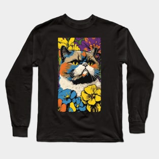 Exotic Shorthair Cat Vibrant Tropical Flower Tall Retro Vintage Digital Pop Art Portrait 2 Long Sleeve T-Shirt